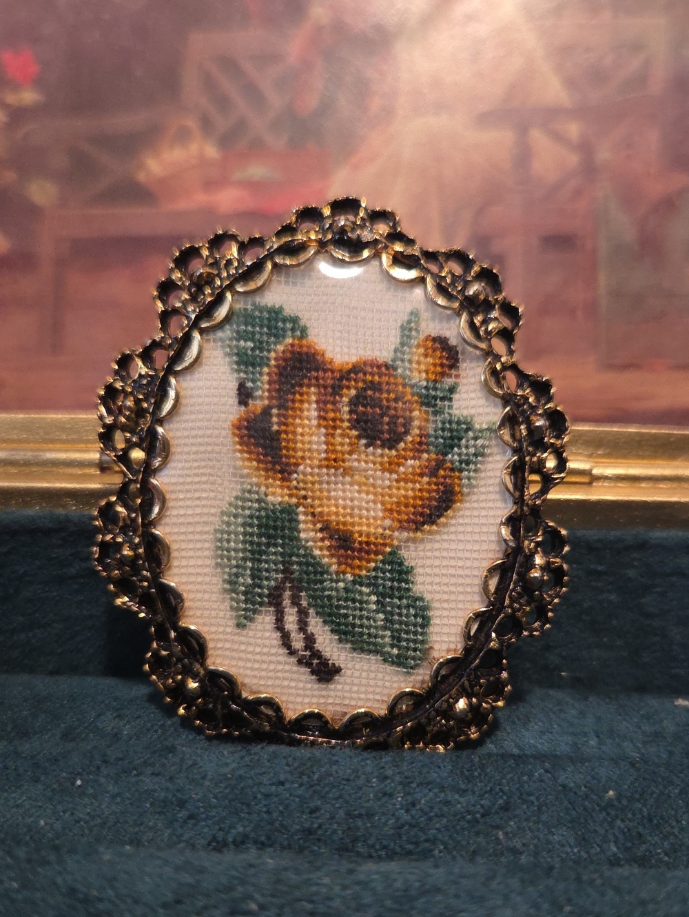 Vintage Gold Floral Cross-Stitch Brooch - Yellow Rose